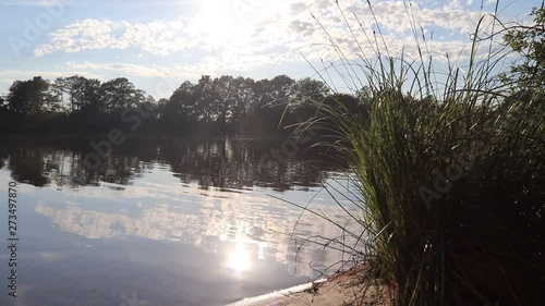 Beautiful view on a lake in summer with sunlight reflections on the water surface photo