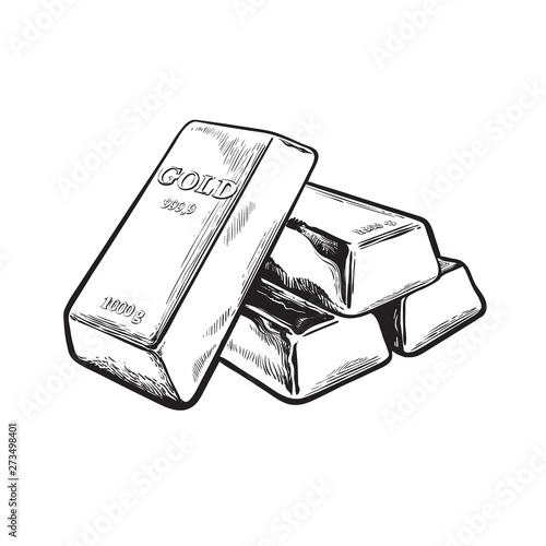 Sketch of gold bar ingots. Black and white vector illustration.