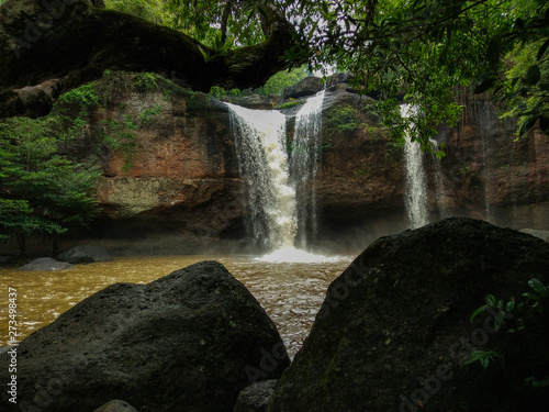 Waterfall during the rainy season.Visiting waterfalls  hiking in the rainy season.Blurred and soft focus