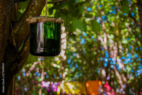 Handmade dream catcher hanging in a green forest. Festival decoration.