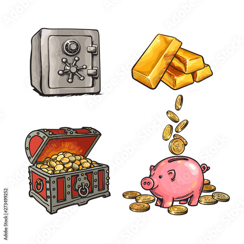 Finance, money set. Metal bank safe, gold bars, old treasure chest with gold coins, piggy bank with falling coins. Hand drawn vector illustration in cartoon style on white background.