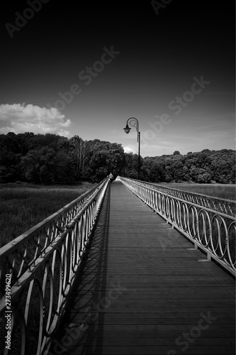 Vertical black and white bridge with one man walking background