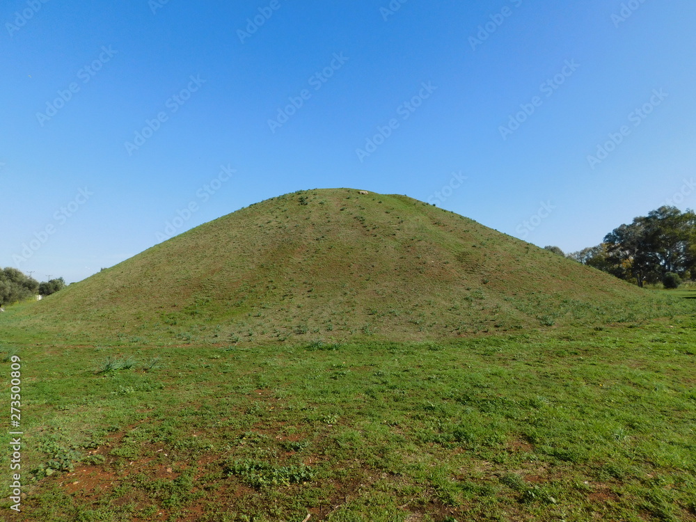 November 2018, Marathon, Greece. The burial mound, or tymbos, of the Athenians killed during the famous battle of 490 BC November 2018, Marathon, Greece. The burial mound, or tymbos, of the Athenians killed during the famous battle of 490 BC