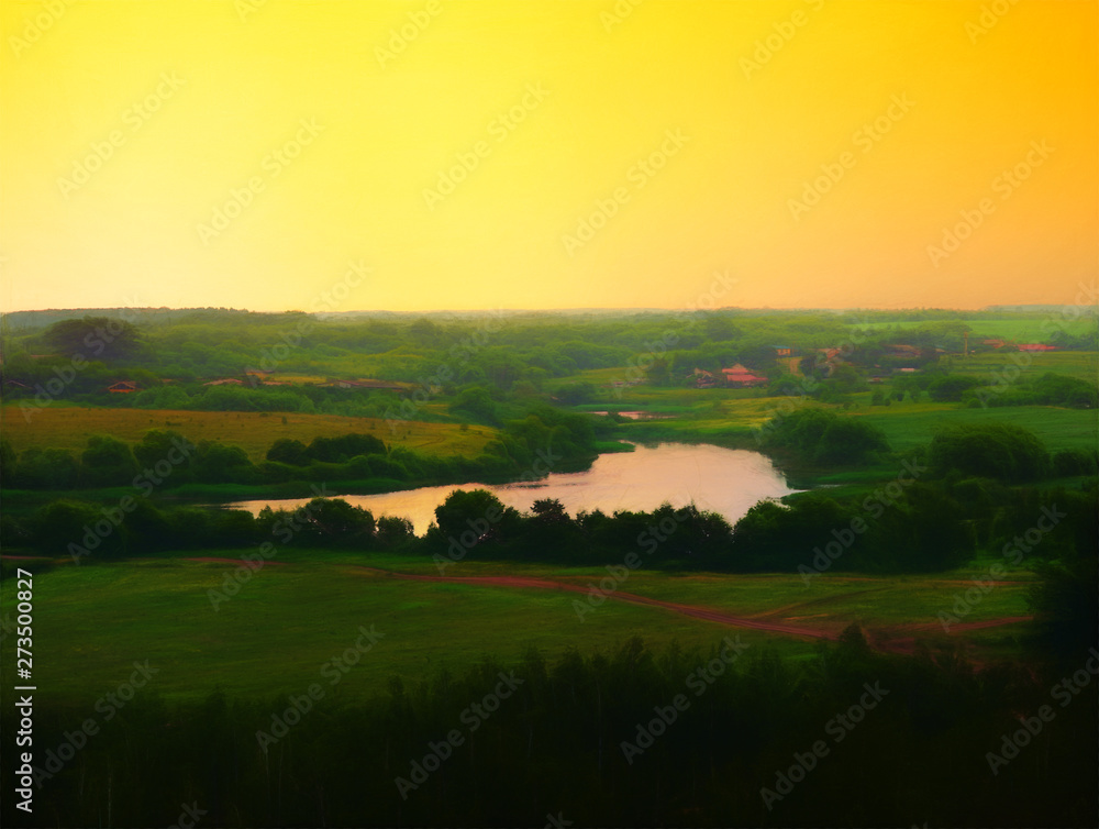Fototapeta premium Sunset at river valley drawing background hd