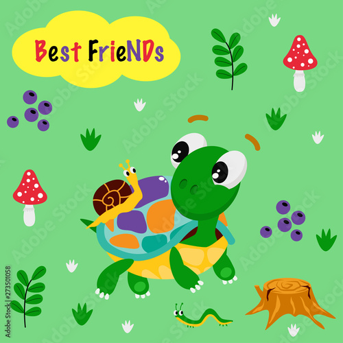 poster best friends with a colorful turtle and a snail - vector illustration  eps