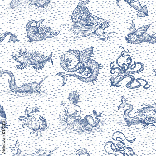 Mythological vintage sea monster. Monochrome Hand drawn sketch. Vector seamless pattern for boy. Detail of the old geographical maps of sea.