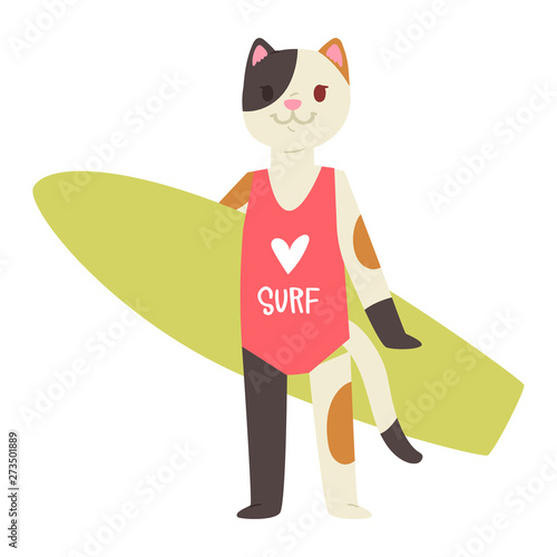 Surf vector cat animal surfer character surfing on surfboard illustration animalistic cartoon young sportsman kitty girl and on wakeboard isolated on white background