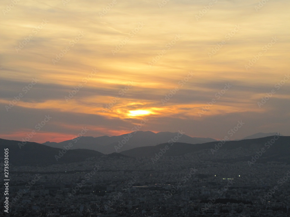 Dusk above the City in Athens, Greece