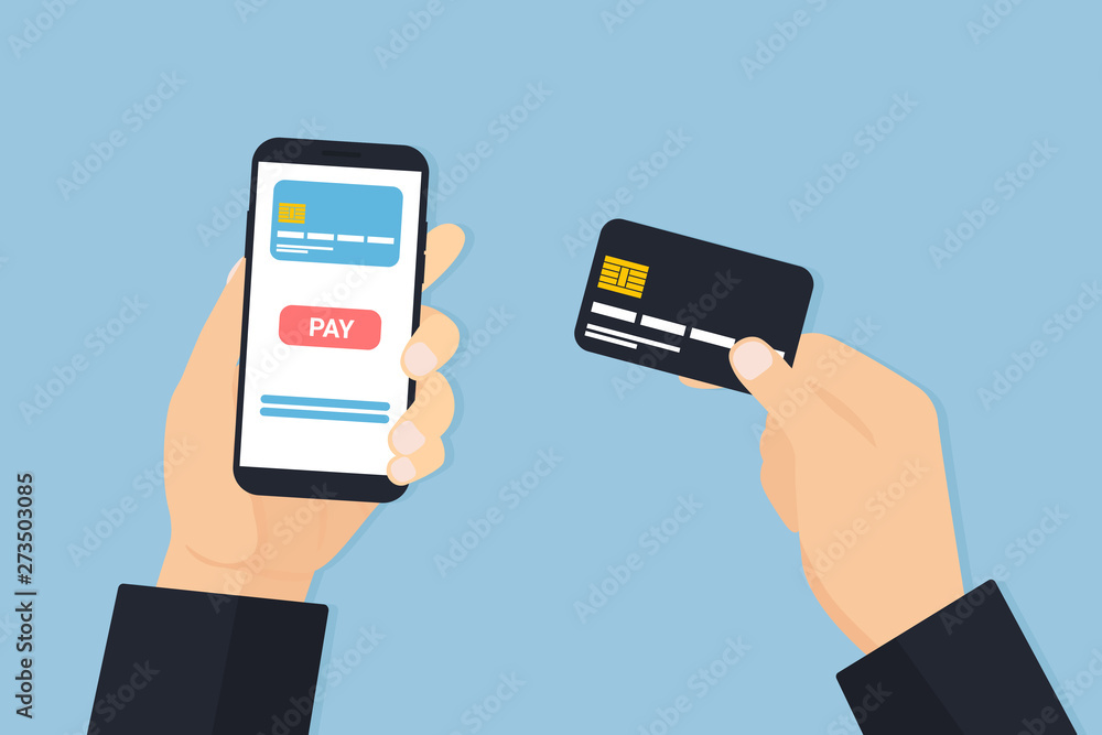 hands man with phone and card Pay hands man with phone and card Pay
