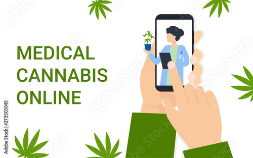 hand woman with phone with medical cannabis