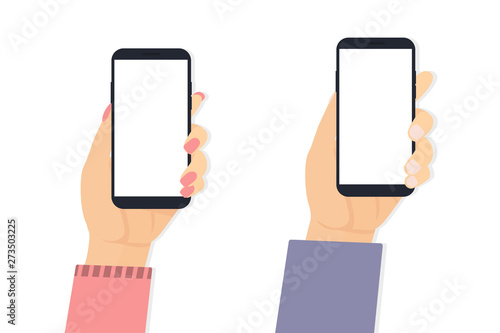 man and woman hand with phone white background