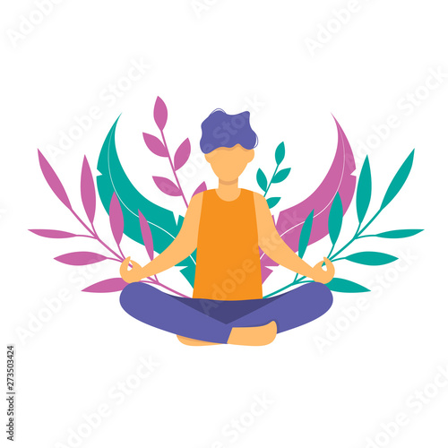 Man meditating in nature and leaves. Guy doing yoga. Lotus pose the practice of meditation. The concept of healthy lifestyle. Relaxing and calm posture. Flat vector illustration. 