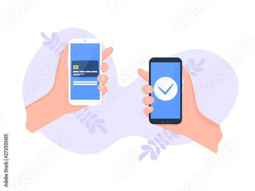 People sending and receiving money wireless with their mobile phones. Hands holding smart phones with banking payment apps. Flat style vector illustration. 