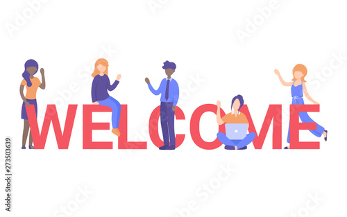 Concept new team member, welcome word, people celebrate, for web page, banner, presentation, social media, posters. Flat vector illustration.