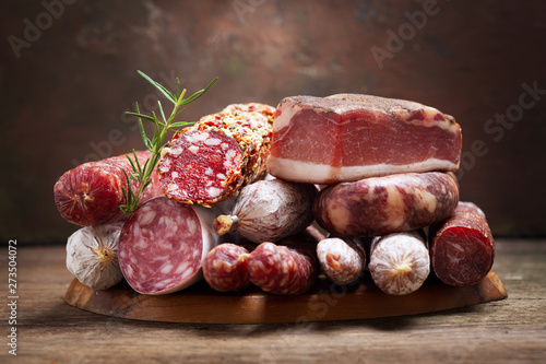 Various kind types of salami, speck and sausages