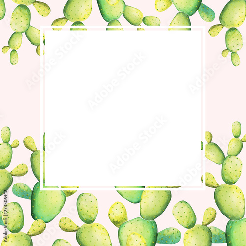 Watercolor cactus rectangular frame design on light pink background. Template for print, banner, card