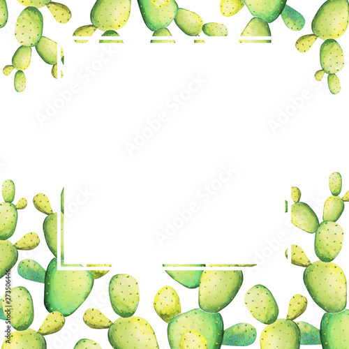 Tropical watercolor frame design. Beautiful cactus drawing for greeting card, invitation, banner, sale flyer