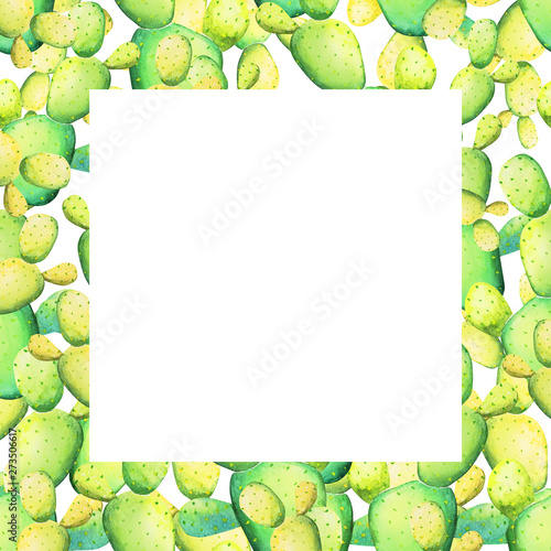 Watercolor tropical cactus frame. Square design with lemon color succulent plants