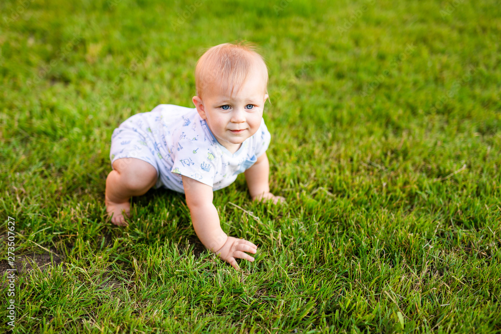 Summer portrait of happy funny baby boy outdoors on grass in field. Child learning to crawl Summer portrait of happy funny baby boy outdoors on grass in field. Child learning to crawl