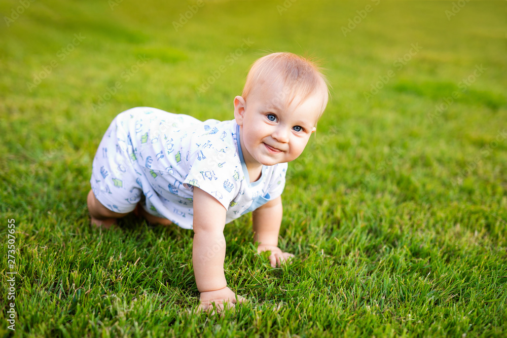 Summer portrait of happy funny baby boy outdoors on grass in field. Child learning to crawl Summer portrait of happy funny baby boy outdoors on grass in field. Child learning to crawl