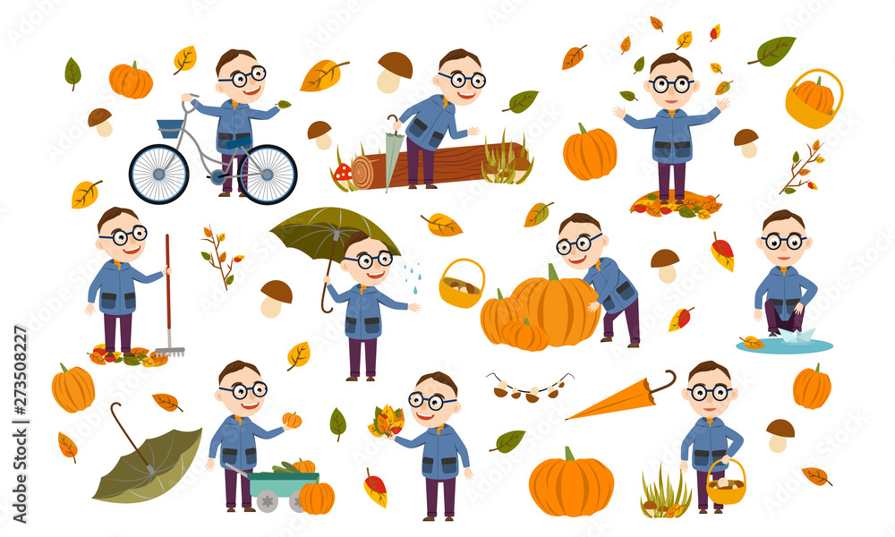 Fototapeta premium Set boy with glasses in an autumn jacket plays with leaves, launches a paper boat, rides a bicycle, carries pumpkins and has fun in the fall. Cute Vector Illustration