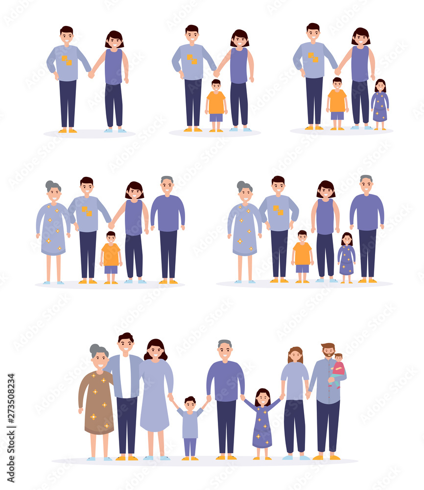 Happy family start from couple, married, have children. father, mother, son and daughter, grandfather, grandmother. Flat Vector Illustration 
