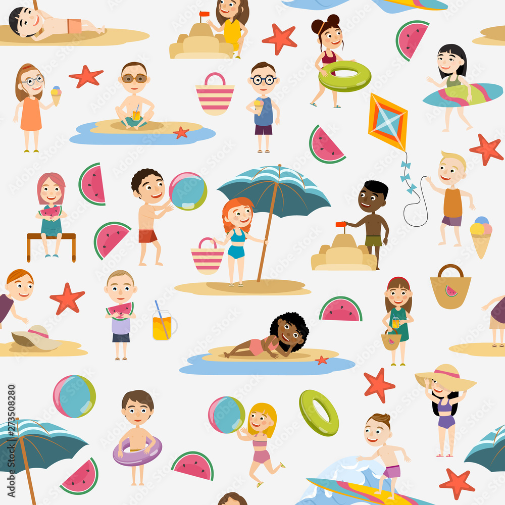 Seamless pattern. Boys and girls in summer clothes and swimsuits Beach relaxation and surfing. Vector illustration Seamless pattern. Boys and girls in summer clothes and swimsuits Beach relaxation and surfing. Vector illustration