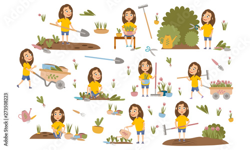 Set girl with brown hair gardening plants, weed beds, watering seedlings, pruning bushes and trees, working in the garden. People and garden tools. Vector illustration