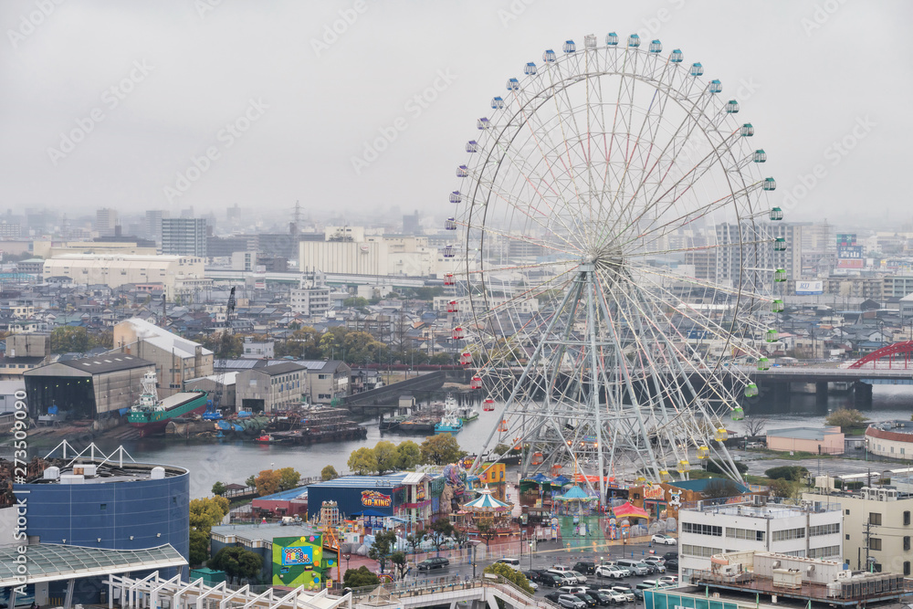 Nagoya port top view with ferris wheel
