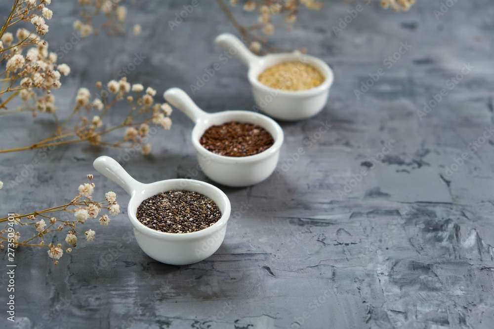 Chia seeds, flax seeds, quinoa groats. Healthy food, diet, detox. Chia seeds, flax seeds, quinoa groats. Healthy food, diet, detox.