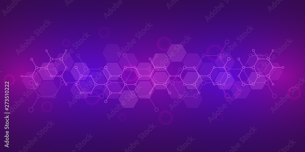 Abstract molecules on purple background. Molecular structures or chemical engineering, genetic research, technological innovation. Scientific, technical or medical concept.