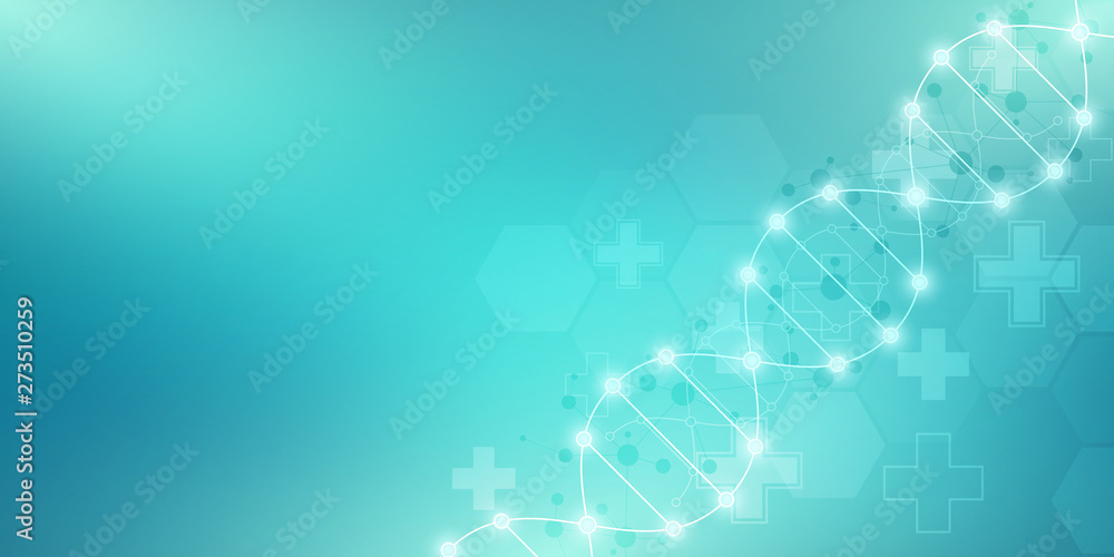 Obraz premium DNA strand and molecular structure. Genetic engineering or laboratory research. Background texture for medical or scientific and technological design.