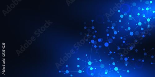 Abstract molecules on dark blue background. Molecular structures or DNA strand, neural network, genetic engineering. Scientific and technological concept.