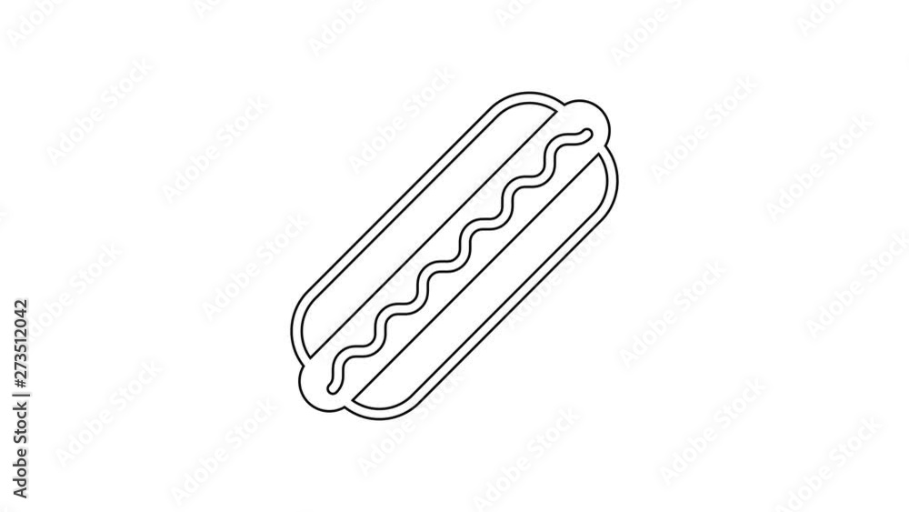 Black Hotdog sandwich with mustard line icon on white background. Sausage icon. Fast food sign. 4K Video motion graphic animation Black Hotdog sandwich with mustard line icon on white background. Sausage icon. Fast food sign. 4K Video motion graphic animation