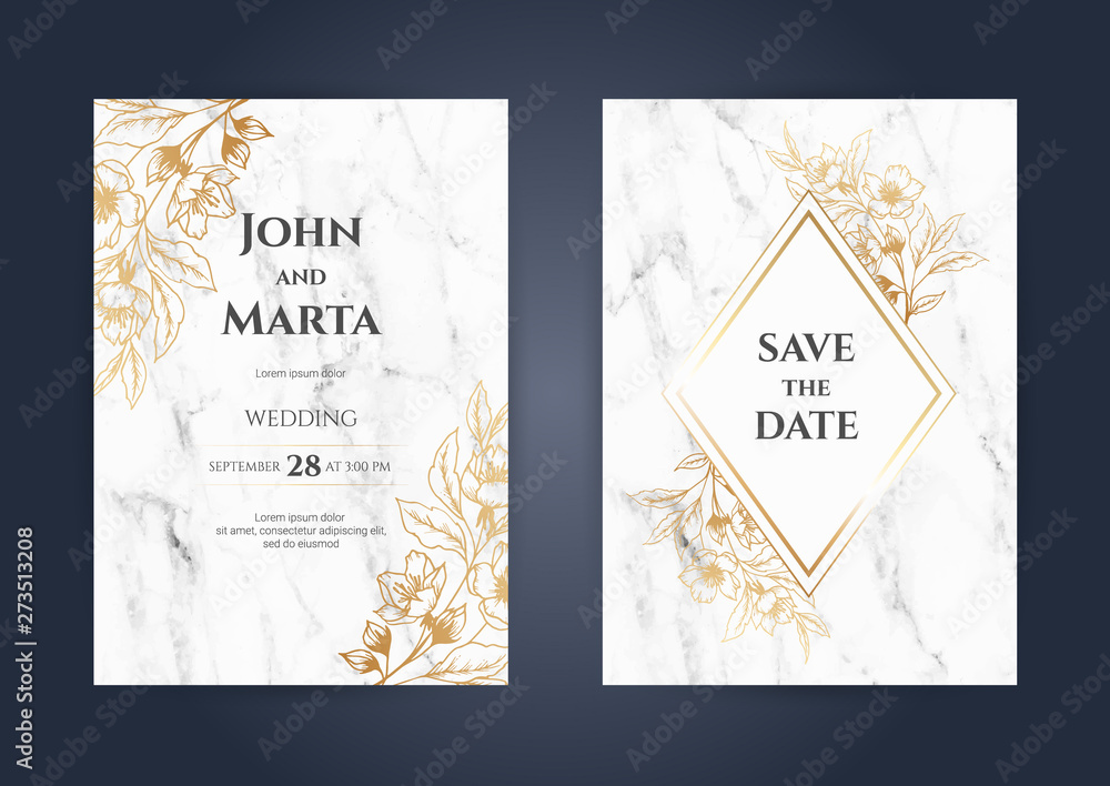 Luxury Marble Wedding invitation cards with rose gold geometric polygonal lines vector design template. eps10