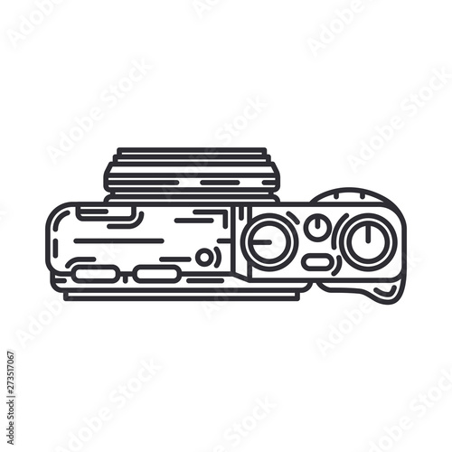 Line vector icon with digital slr professional camera. Photography art. Megapixel photocamera. Cartoon style illustration, element design. Photographic lens. Snapshot equipment. Digital photo studio.