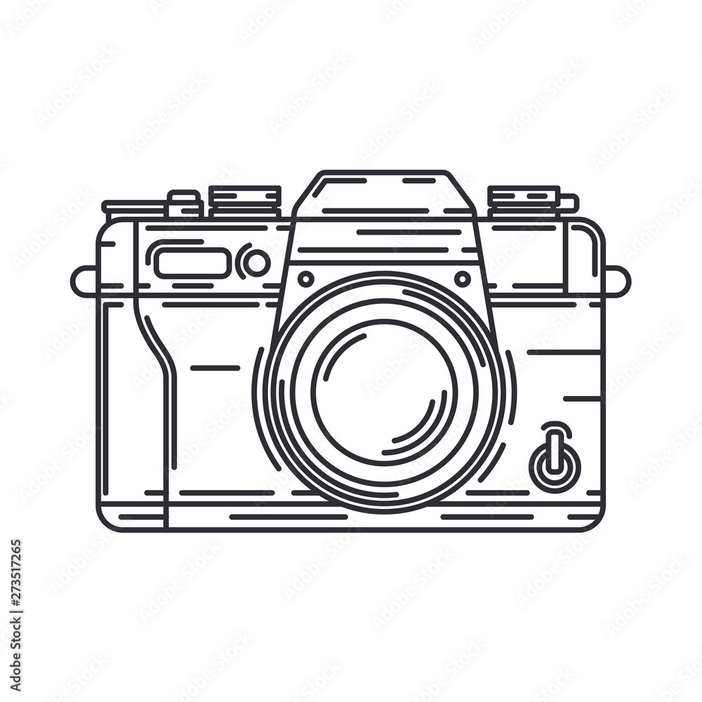 Line vector icon with digital slr professional camera. Photography art. Megapixel photocamera. Cartoon style illustration, element design. Photographic lens. Snapshot equipment. Digital photo studio. Line vector icon with digital slr professional camera. Photography art. Megapixel photocamera. Cartoon style illustration, element design. Photographic lens. Snapshot equipment. Digital photo studio.