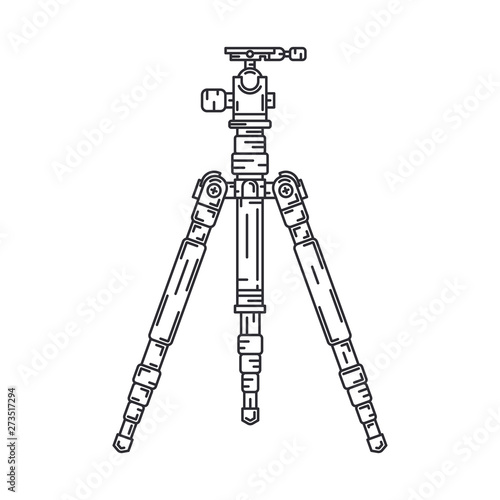 Line flat vector icon digital photographer professional equipment. Photography art. Photographic camera precast compact tripod. Cartoon style illustration, element design. Snapshot photo studio lens.
