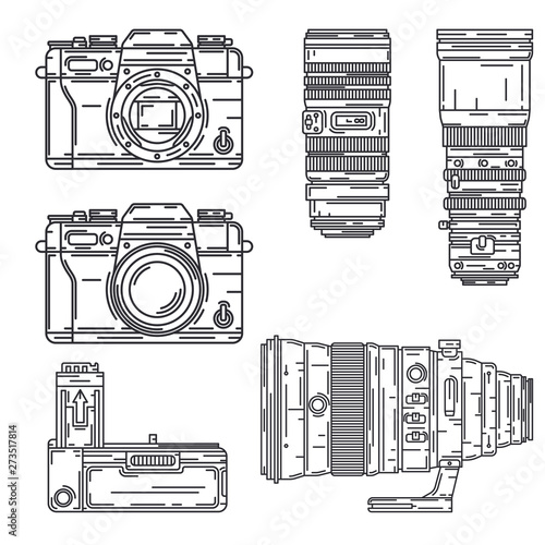 Line vector icon set digital photographer professional equipment. Photography art. Photographic power bank, glass, camera, lens, mug. Cartoon style illustration, element design. Snapshot photo studio.