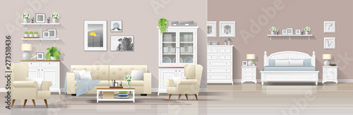 Modern country house interior background with living room and bedroom combination , vector , illustration