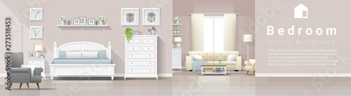 Modern country house interior background with bedroom and living room combination , vector , illustration