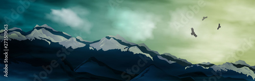 mountain peaks and blue 3d clouds. realistic scenery of the mountains, contact with the horizon, sky, oblomkami and birds. modern design for advertising, banner under the text. Vector graphics