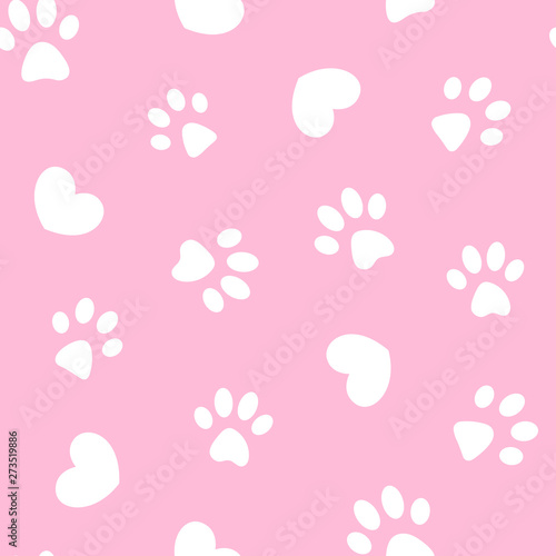 White paws and hearts on pink background seamless pattern cute design vector