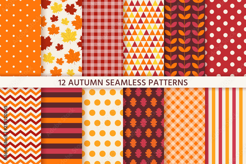 Autumn pattern. Vector. Seamless background with fall leaves. Set seasonal geometric wallpapers. Colorful cartoon illustration in flat design. Abstract texture. - obrazy, fototapety, plakaty 