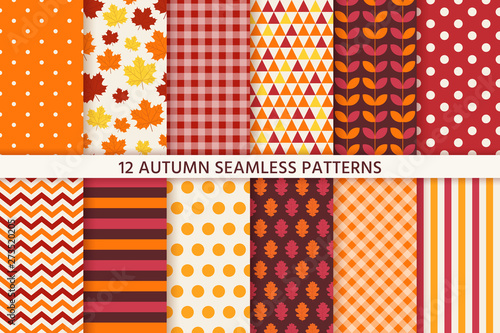 Autumn pattern. Vector. Seamless background with fall leaves. Set seasonal geometric wallpapers. Colorful cartoon illustration in flat design. Abstract texture.