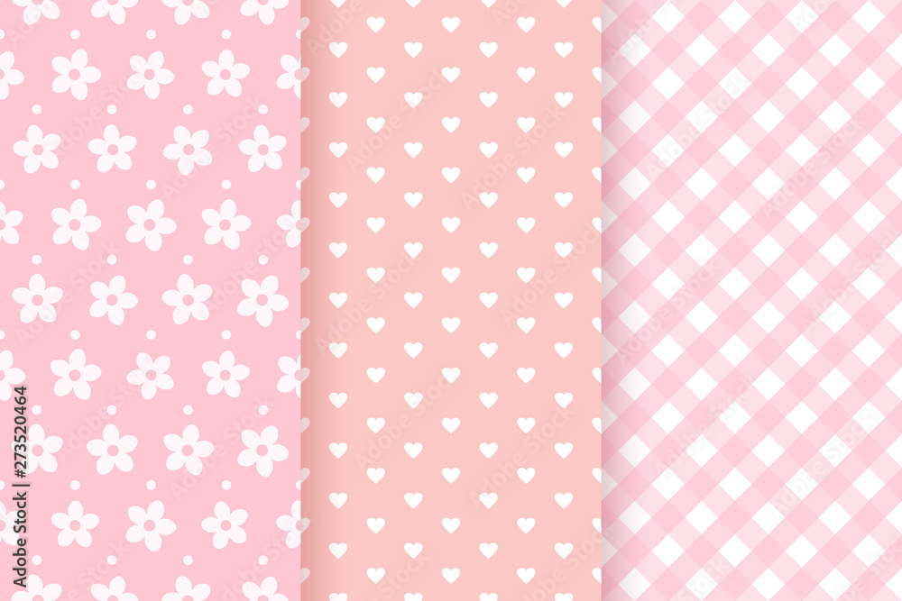 Baby girl pink pattern. Baby shower seamless backgrounds. Vector. Set pastel patterns for invitation, invite templates, cards, birth party, scrapbook. Cute illustration in flat design.