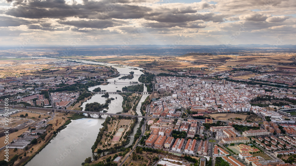 Panoramic aerial view of Merida cityscape, Spain