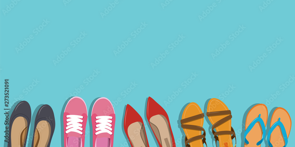 Men's and Women's shoes background. Shoes icons. Sneakers and Slippers collection. Vector - obrazy, fototapety, plakaty 