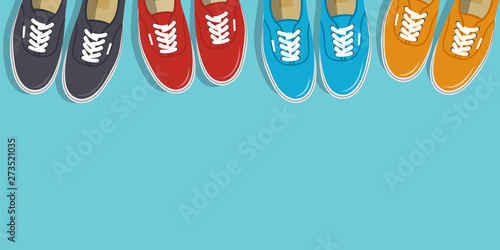 Sneakers top view. Shoes background. Sneakers and Slippers collection. Vector