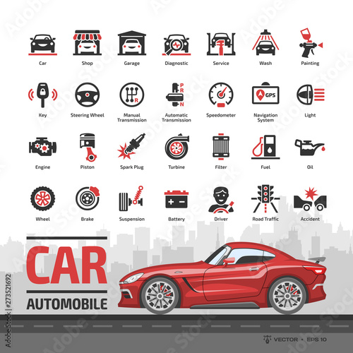 Car icon set with red sport coupe mockup and basic automotive symbols: automobile, auto service, wash & shop, vehicle repair, wheel & tire, oil & fuel, engine, battery, brake and more glyph sign.